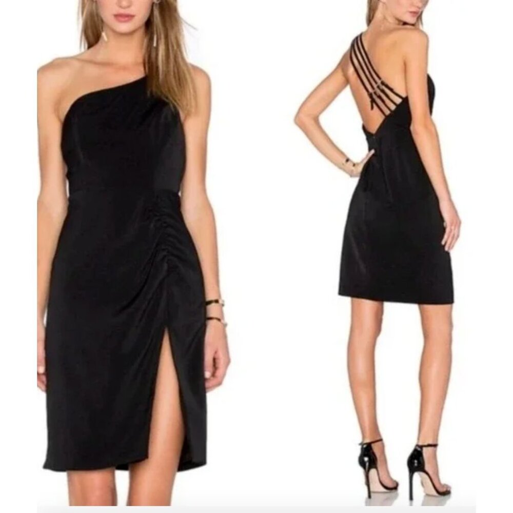 Revolve NBD one shoulder strappy dress black M front slit preloved condition